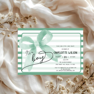 It's a Boy Cute Mint Bow Stripes Baby Shower Invitation