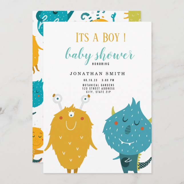 Its a boy Cute monster baby shower Invitation (Front/Back)
