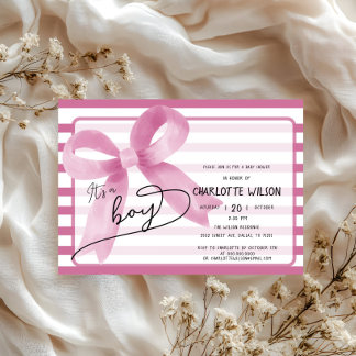 It's a Boy Cute Pink Bow Stripes Baby Shower Invitation