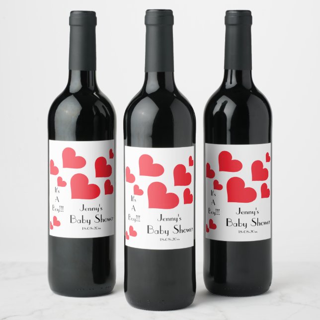 It's A Boy! - Cute Red Hearts Custom Baby Shower Wine Label (Bottles)