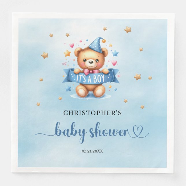 It's a boy cute teddy bear boy baby shower napkin (Front)