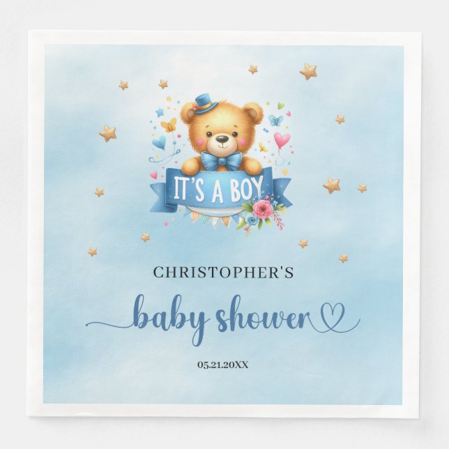 It's a boy cute teddy bear boy baby shower napkin (Front)
