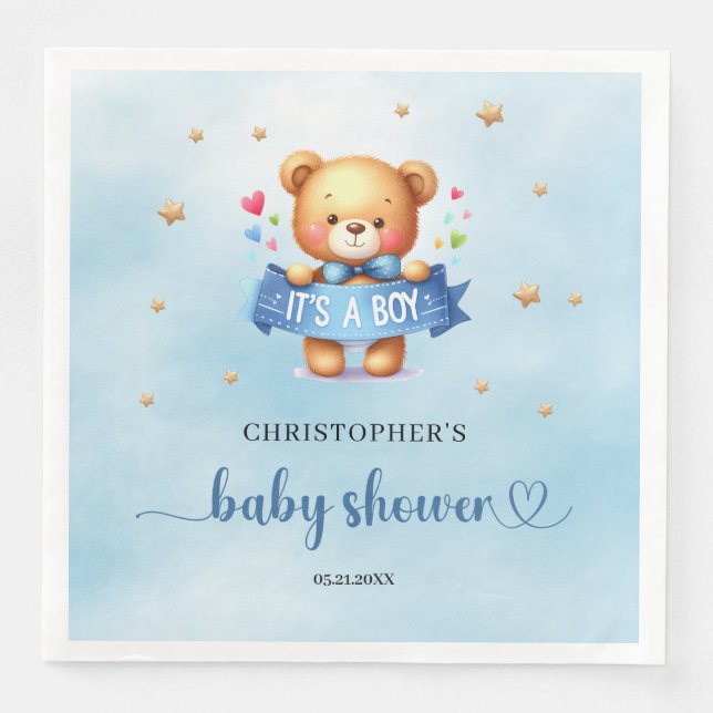 It's a boy cute teddy bear boy baby shower napkin (Front)