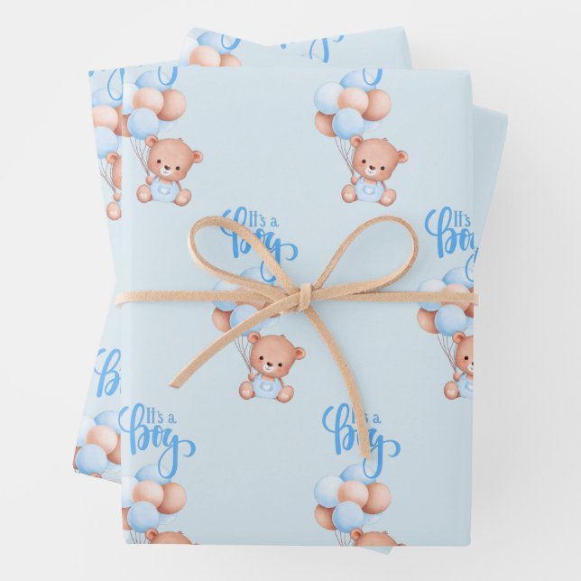 It's a Boy Cute Teddy Bear Toy with Balloons   Wrapping Paper Sheet (In situ)