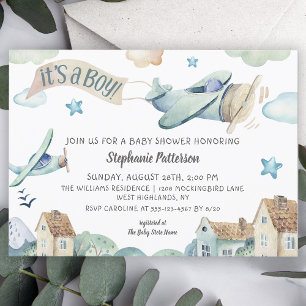It's a Boy Cute Watercolor Airplanes Baby Shower Invitation