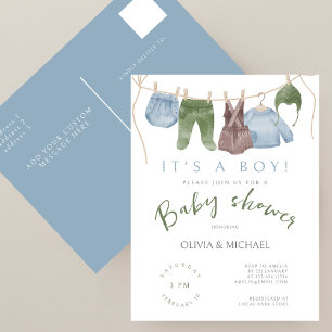 its a Boy Cute Watercolor Clothes Baby Shower Postcard