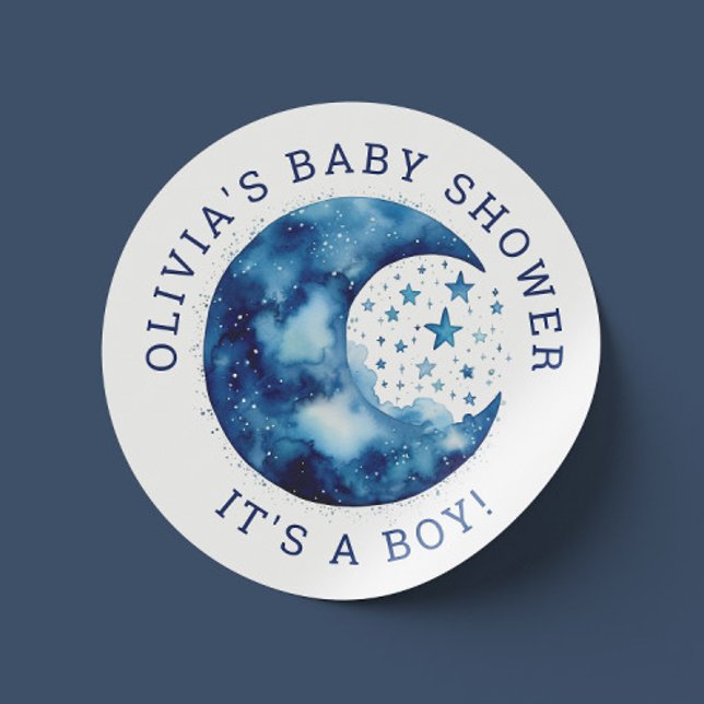 Its a Boy. Cute whimsical blue moon baby shower Classic Round Sticker (Creator Uploaded)