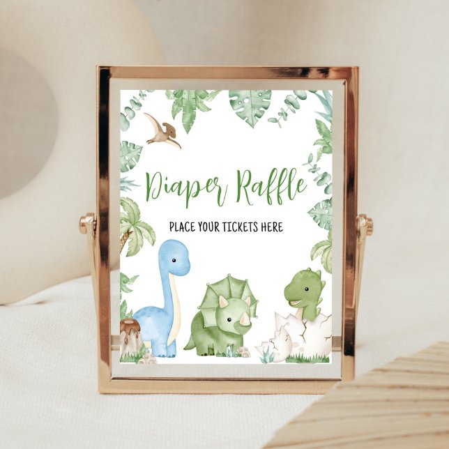 It's A Boy Dinosaur Baby Shower Diaper Raffle Poster (Greenery Boy Dinosaur Baby Shower Diaper Raffle Sign)