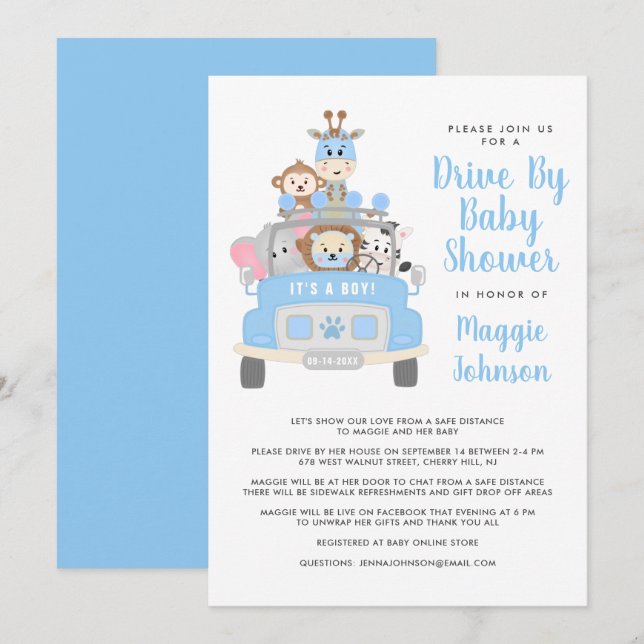 it's a Boy Drive By Animal Safari Blue Baby Shower Invitation (Front/Back)