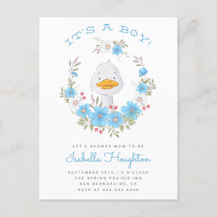 It's A Boy! Duck & Blue Floral Wreath Baby Shower Invitation Postcard
