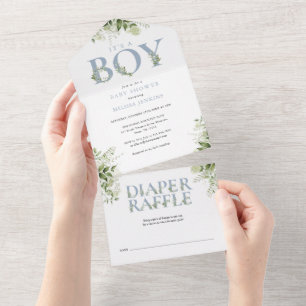 Its A Boy Dusty Blue Floral Greenery Baby Shower All In One Invitation