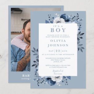 Its A Boy Dusty Blue Floral Photo Baby Shower Invitation