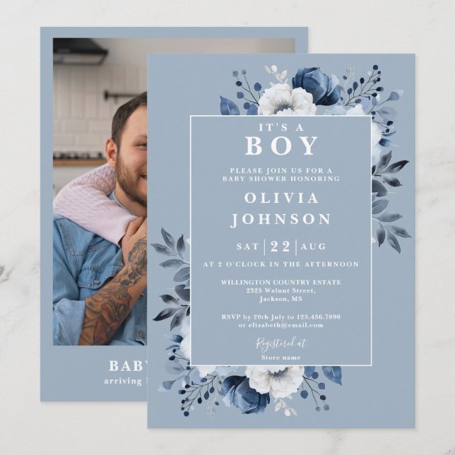 Its A Boy Dusty Blue Floral Photo Baby Shower Invitation (Front/Back)
