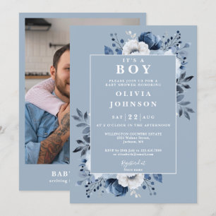 Its A Boy Dusty Blue Floral Photo Baby Shower Invitation
