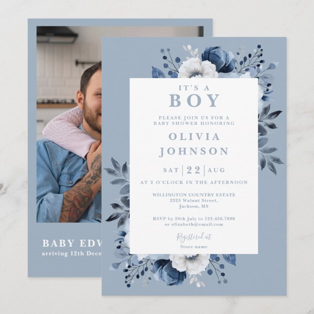 Its A Boy Dusty Blue Floral Photo QR Baby Shower Invitation (Front/Back)