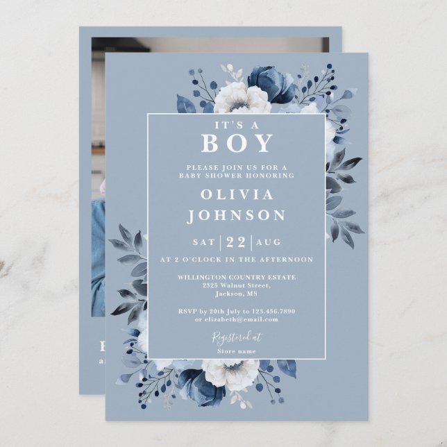 Its A Boy Dusty Blue Floral Photo QR Baby Shower Invitation (Front/Back)