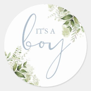 Its A Boy Dusty Blue Greenery Baby Shower Favour Classic Round Sticker