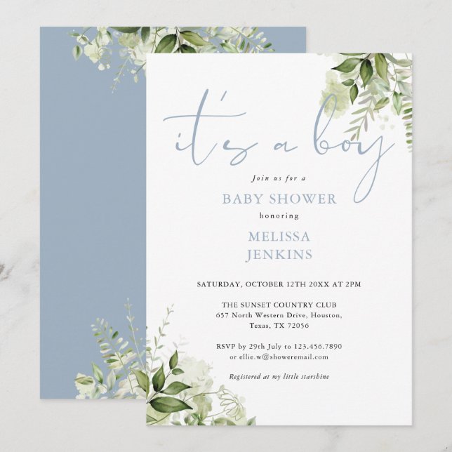 Its A Boy Dusty Blue Greenery Baby Shower Invitation (Front/Back)