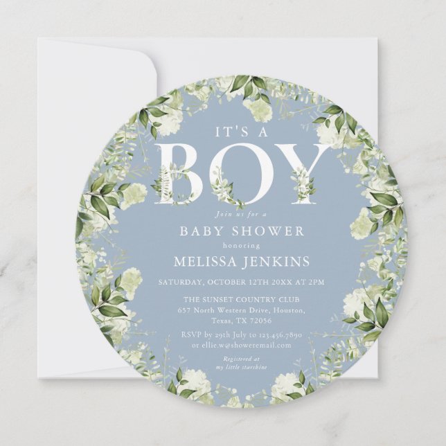 Its A Boy Dusty Blue Greenery Letter Baby Shower Invitation (Front)