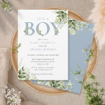 Its A Boy Dusty Blue Greenery Letter Baby Shower Invitation<br><div class="desc">It's a boy baby shower invitation featuring elegant dusty blue typography and pretty botanical greenery foliage. Designed by Thisisnotme©</div>