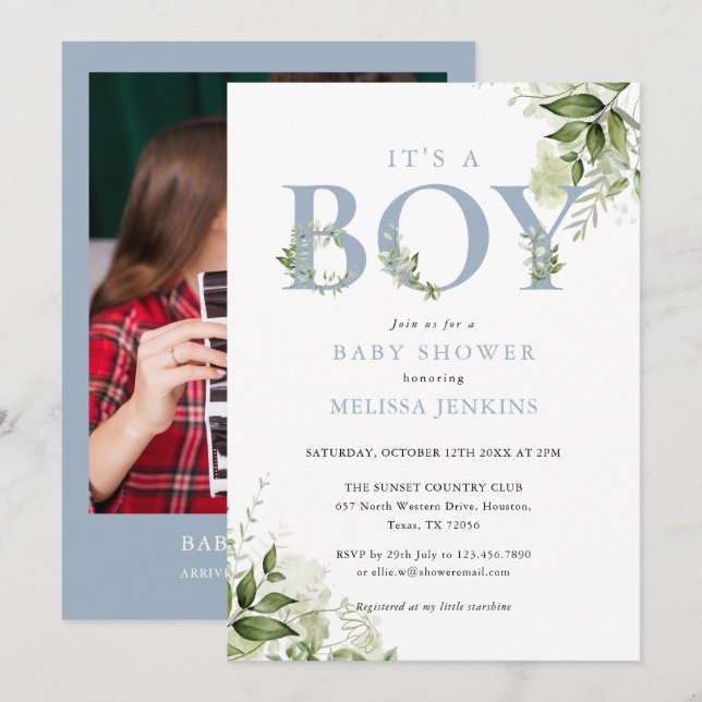 Its A Boy Dusty Blue Greenery Photo Baby Shower Invitation (Front/Back)