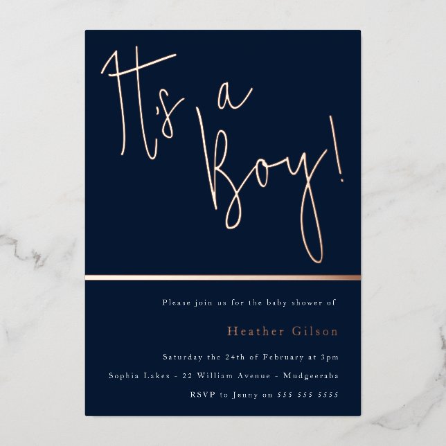Its a Boy! Dusty Navy Blue Baby Shower Rose Gold (Front)