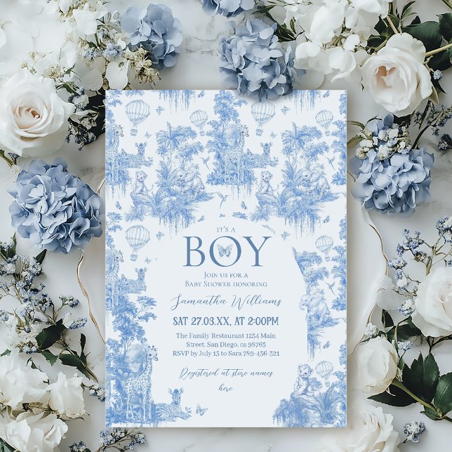 It's a Boy Elegant Blue Toile Safari Baby Shower Invitation (Creator Uploaded)