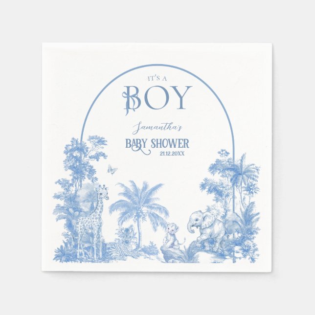 It's a Boy Elegant Blue Toile Safari Baby Shower Napkin (Front)