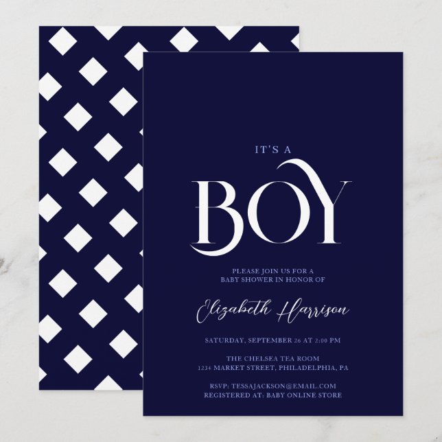 "it's a boy" Elegant Chic Navy Blue Baby Shower Invitation (Front/Back)
