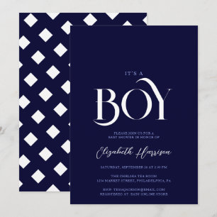 "it's a boy" Elegant Chic Navy Blue Baby Shower Invitation