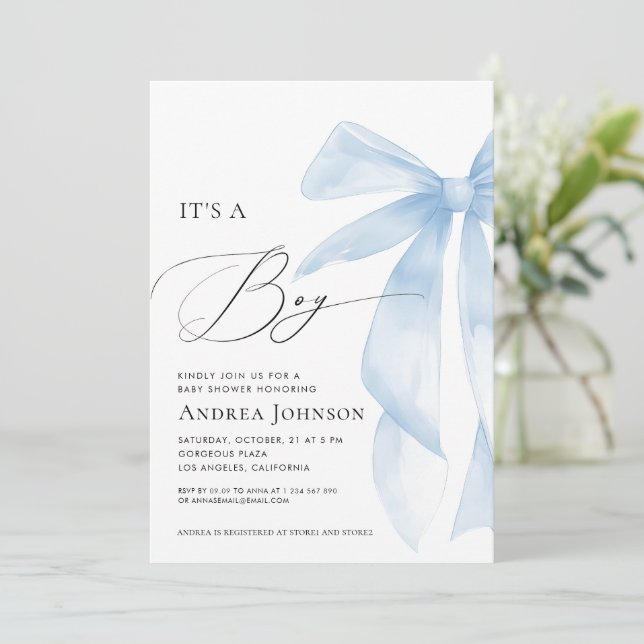 It's a Boy | Elegant Classy Blue Bow Baby Shower Invitation (Standing Front)