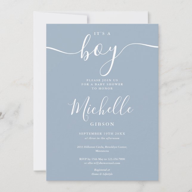 Its A Boy Elegant Dusty Blue Boy Baby Shower Invitation (Front)