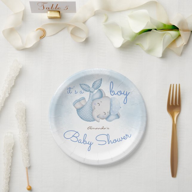 It's a boy elephant baby boy shower blue paper plate (Wedding)