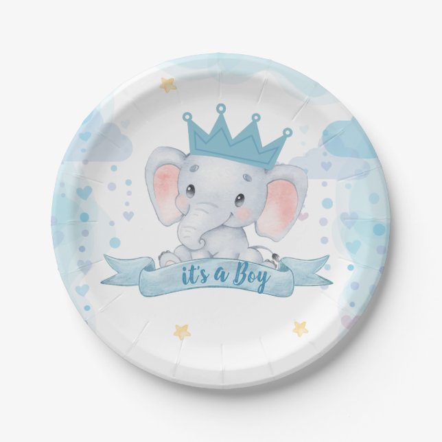 its a boy elephant baby shower party paper plate (Front)