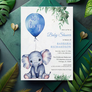 It's a Boy Elephant Balloon Blue Baby Shower Invitation