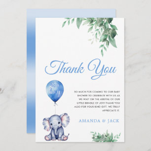 It's a Boy Elephant Balloon Blue Baby Shower Thank You Card