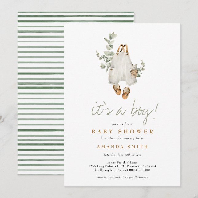 It's a Boy Eucalyptus Boho Minimalist Baby Shower Invitation (Front/Back)