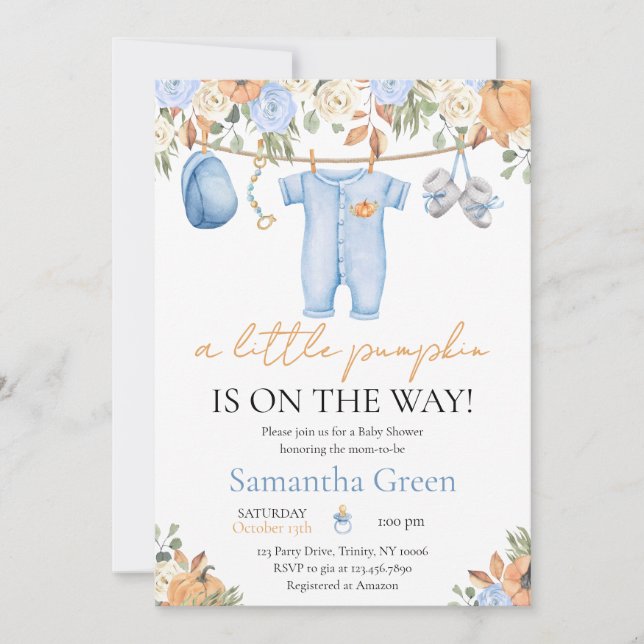It's a Boy Fall Clothes Little Pumpkin Baby Shower Invitation (Front)