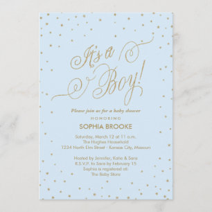 It's a Boy Fancy Gold Stars Blue Baby Boy Shower Invitation