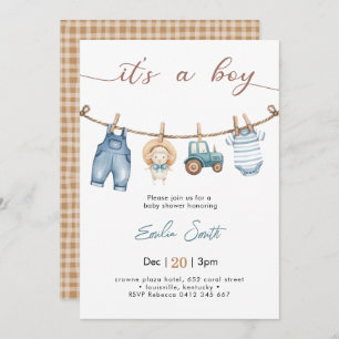 It's a Boy Farmer Baby Clothesline Baby shower Invitation