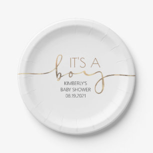 It's A Boy Faux Gold Script Baby Shower Modern Paper Plate