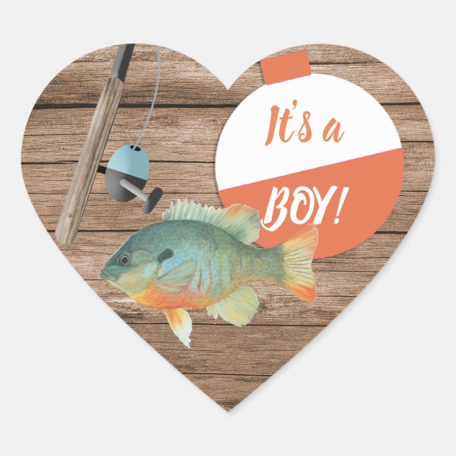 Its a Boy Fishing Baby Shower Classic Round Sticke Heart Sticker (Front)