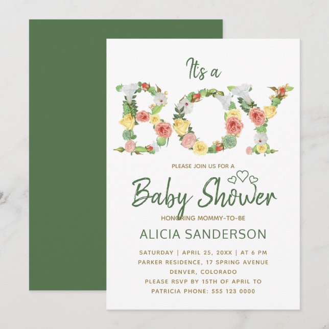 It's a BOY floral alphabet script baby shower Invitation (Front/Back)