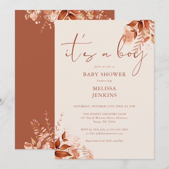 Its A Boy Floral Autumn Fall Baby Shower Invitation (Front/Back)