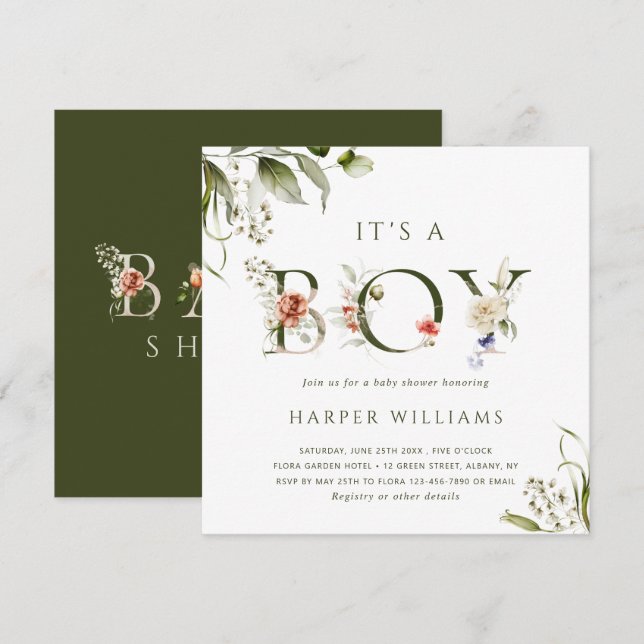 It's a Boy Floral Botanical Letter Baby Shower  Invitation (Front/Back)