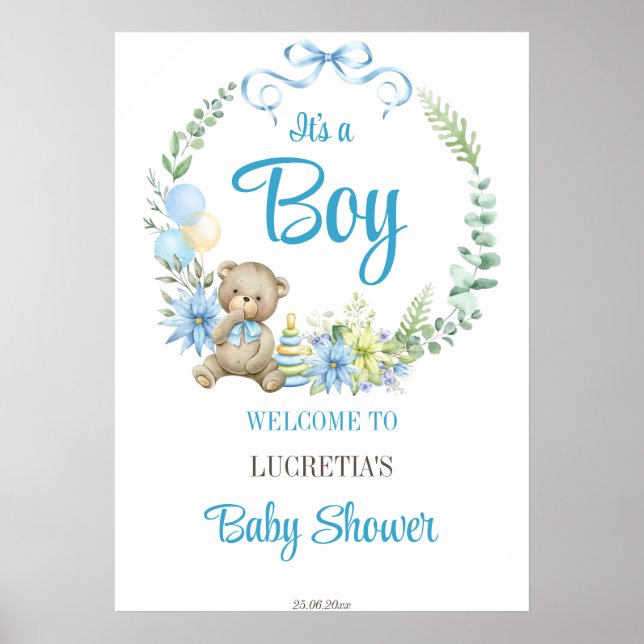 It's a boy floral wreath baby shower welcome sign (Front)