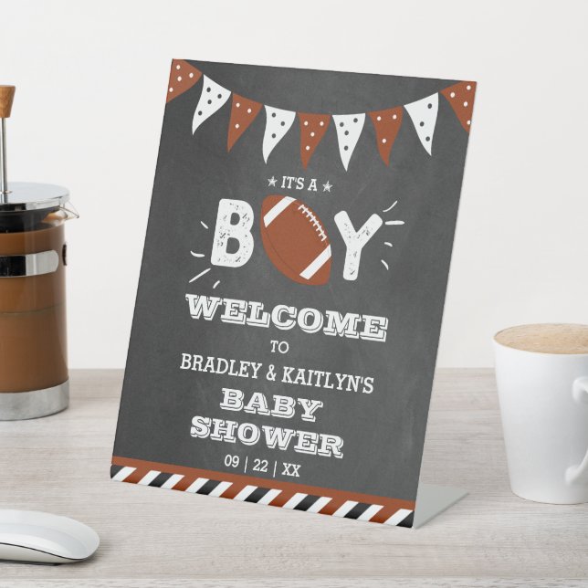 It's A Boy! Football Themed Baby Shower Welcome Pedestal Sign (In SItu)