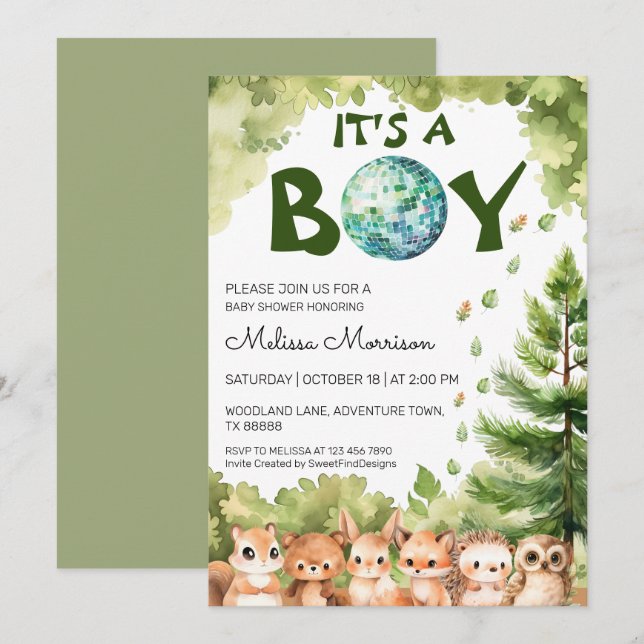 It's A Boy Forest Disco Ball Baby Boy Shower Invitation (Front/Back)