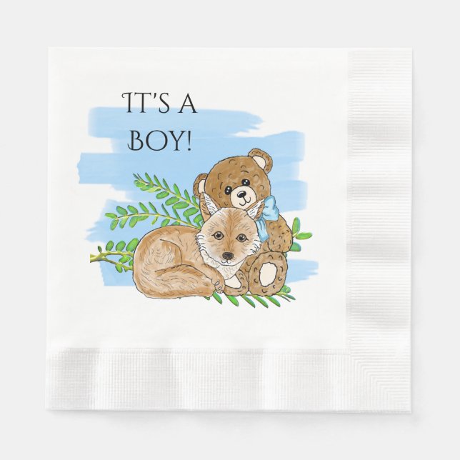 It's a Boy, Fox and Teddy Bear Baby Shower Napkin (Front)