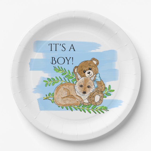 It's a Boy, Fox and Teddy Bear Baby Shower Paper Plate (Front)